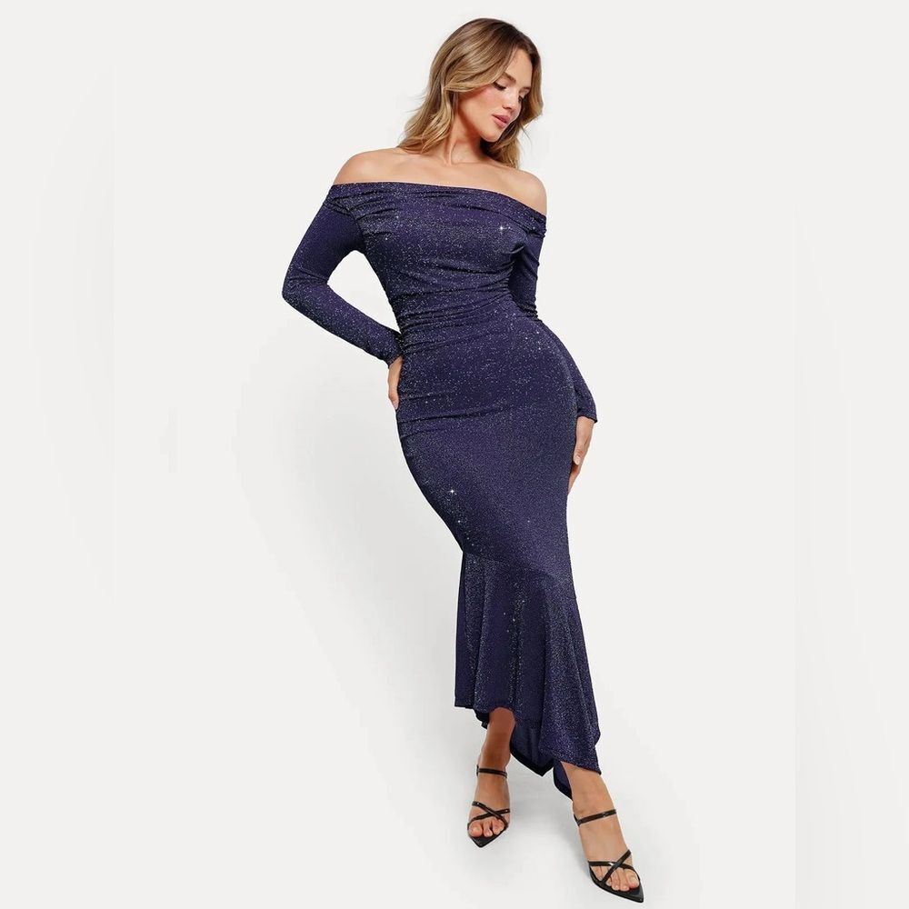 Popilush Shapewear Metallic Knit Long Sleeve Slim Mermaid Maxi Dress NWT Size L
